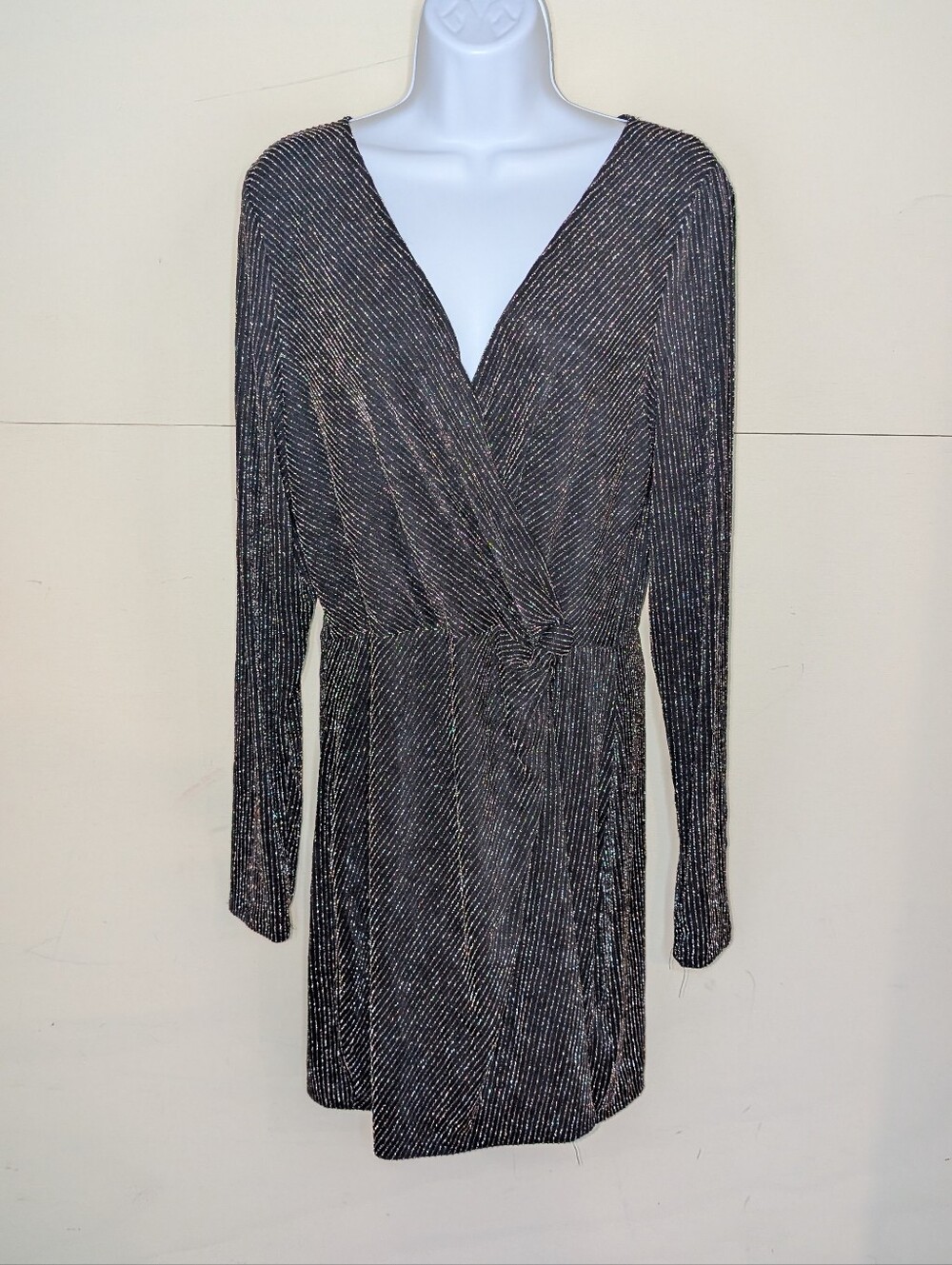 Francesca's Miami Black Wrap Front Long Sleeve Dress Sparkling Copper Silver
